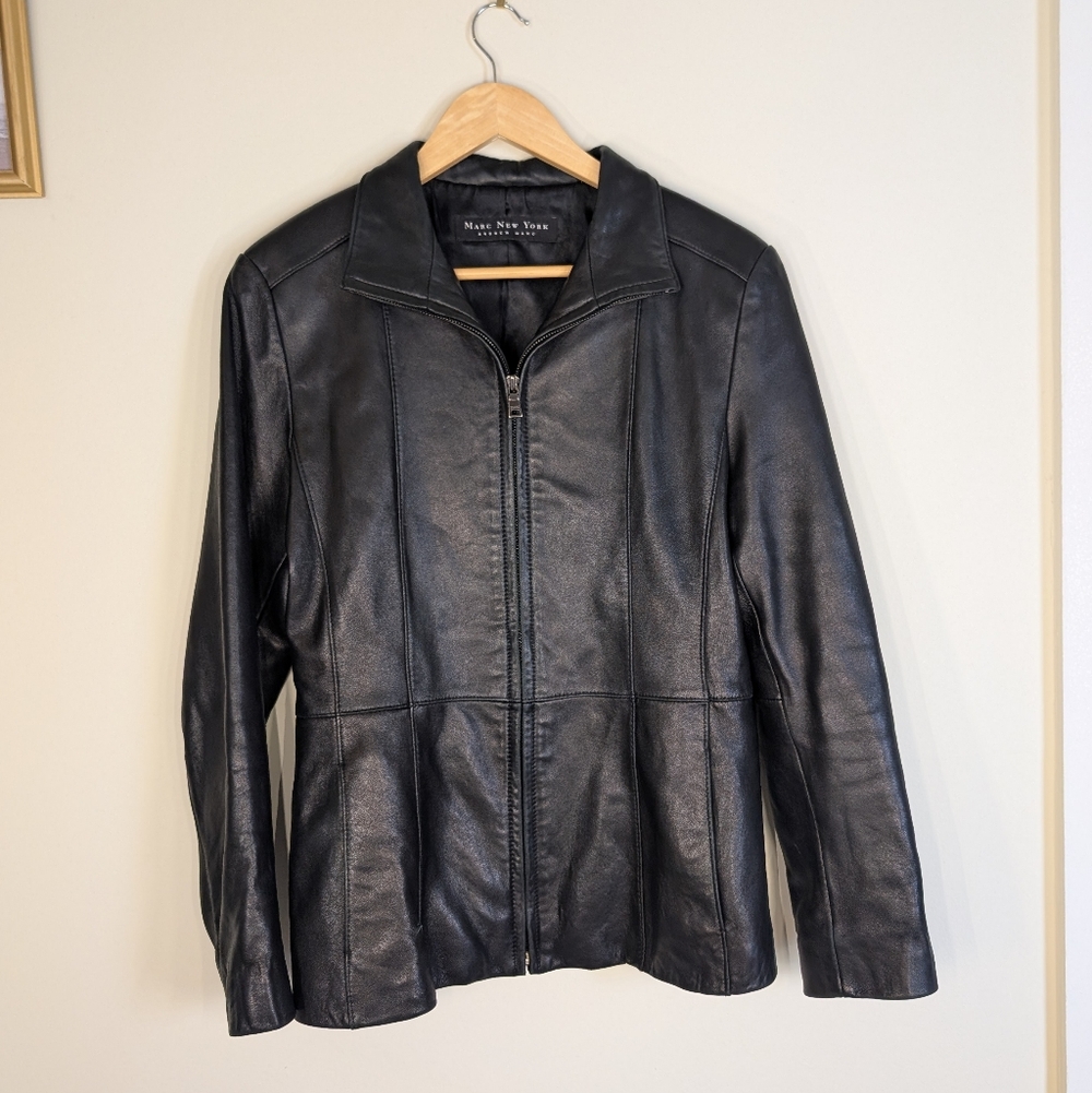 Marc New York Andrew Marc Women's Black Leather Moto Jacket Full Zip
